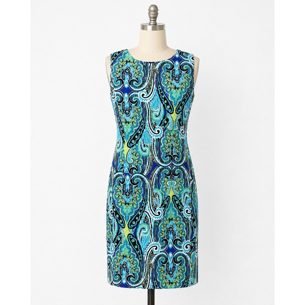 AB Studio Womens 16 Paisley Sheath Dress Blue Green‎ Sleeveless Stretch Career